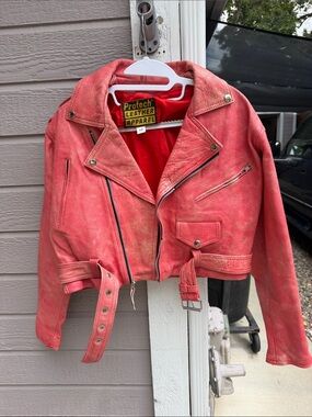 Women's Coral Pink Leather Moto Jacket